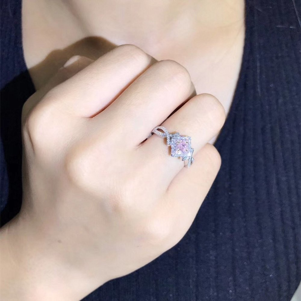 🌸Beautiful Silver Pure Pink Double Layer Weave Princess Cut CZ Ring, K832 - Picture 5 of 9